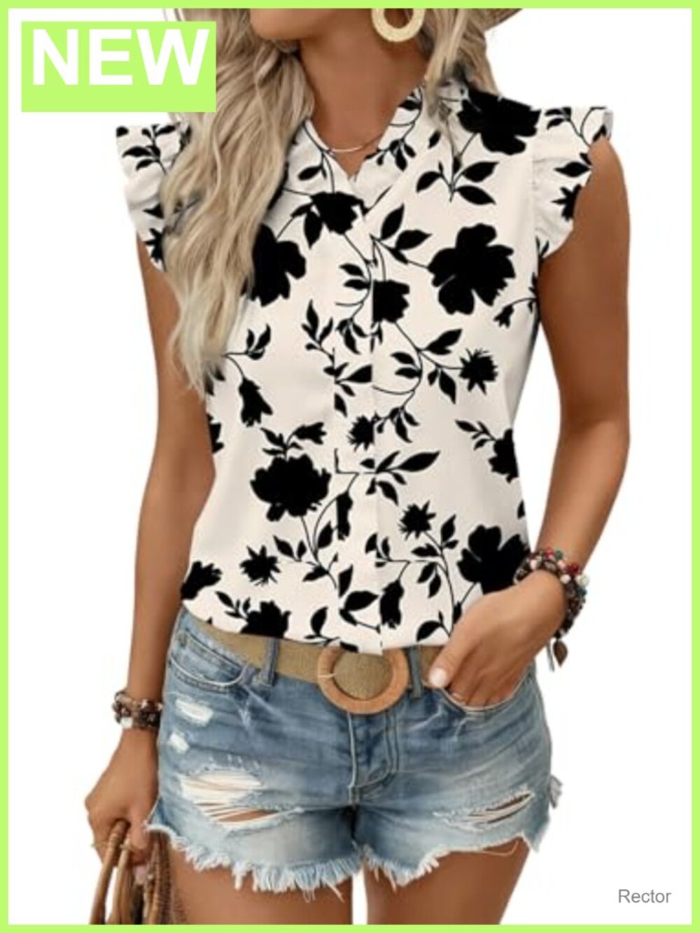 Womens Floral Chiffon Blouse Ruffle Sleeve V Neck Tank Top